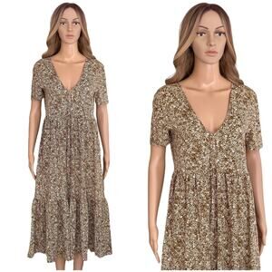 Zara tiered floral midi dress boho cottage core bohemian oversized brown small
